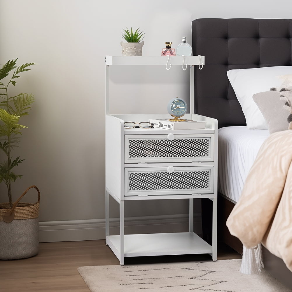 Nightstand for Bedroom with LightandPower Outlet, Accent Bedside Table with Solid Wood Legs White Image 1