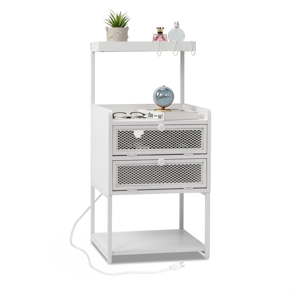 Nightstand for Bedroom with LightandPower Outlet, Accent Bedside Table with Solid Wood Legs White Image 2