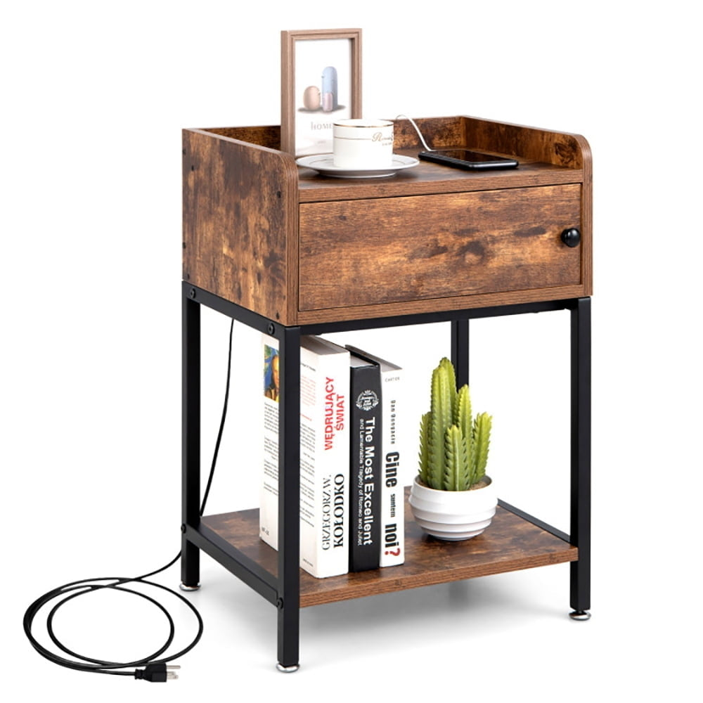 Hommoo Lift Top End Table with Charging Station and Storage Shelves-Coffee, Nightstand Small Side Table, End Table for Image 1