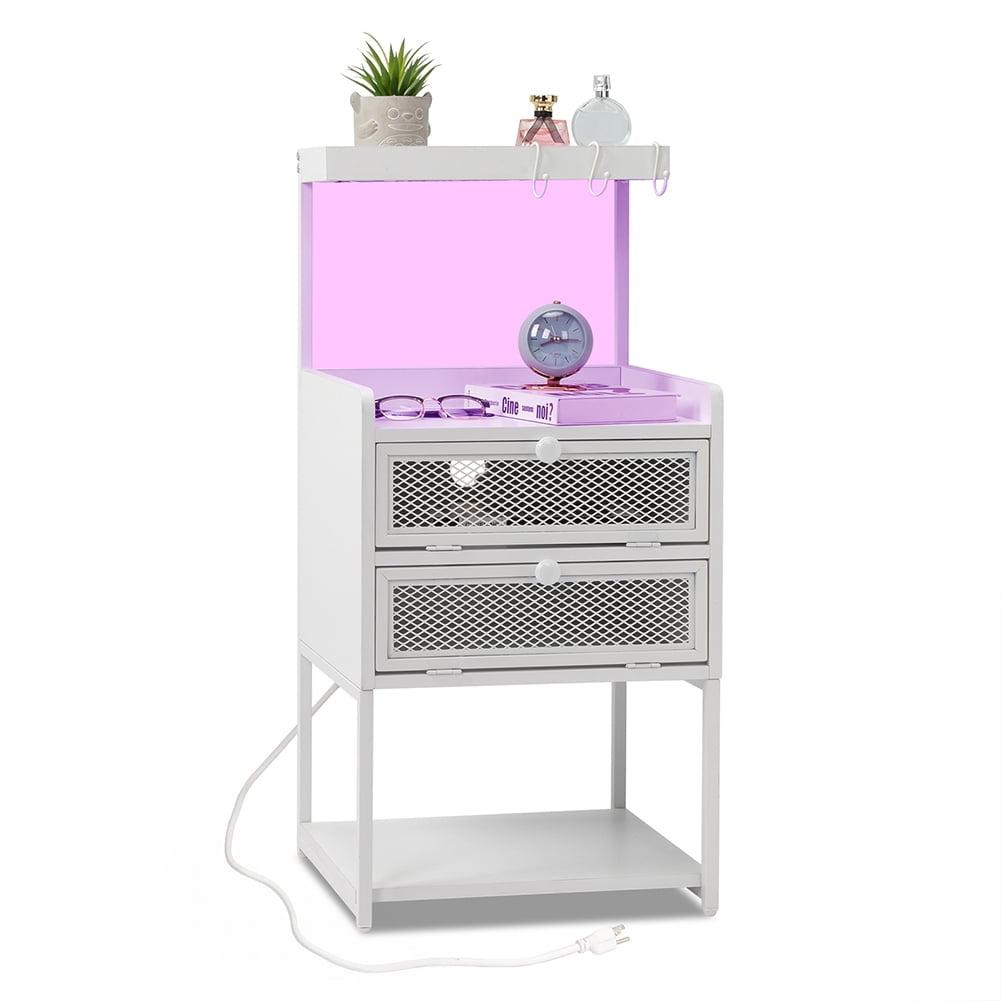 Nightstand for Bedroom with LightandPower Outlet, Accent Bedside Table with Solid Wood Legs White Image 4