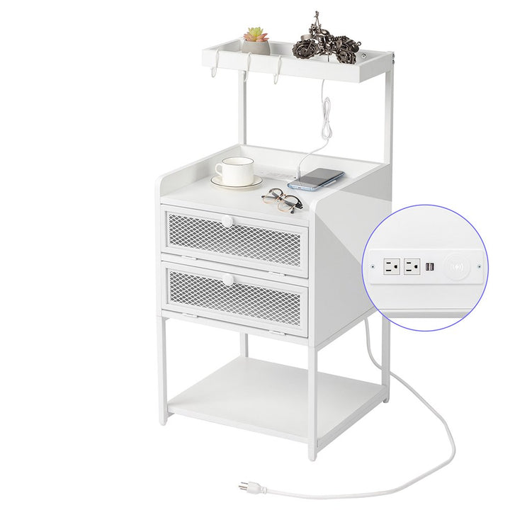 Nightstand for Bedroom with LightandPower Outlet, Accent Bedside Table with Solid Wood Legs White Image 7