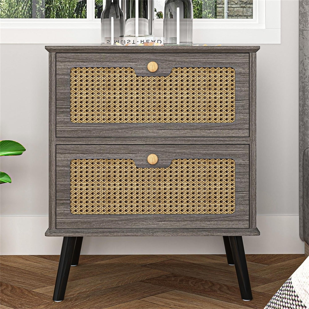 Hommoo Rattan Bedroom Bedside Table, Double Layer Nightstand End Table - Grey Image 1