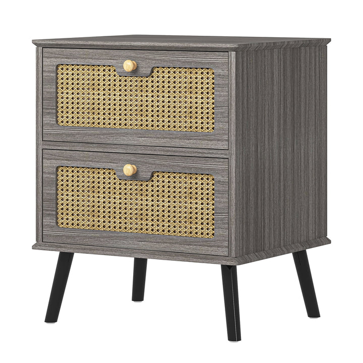 Hommoo Rattan Bedroom Bedside Table, Double Layer Nightstand End Table - Grey Image 2