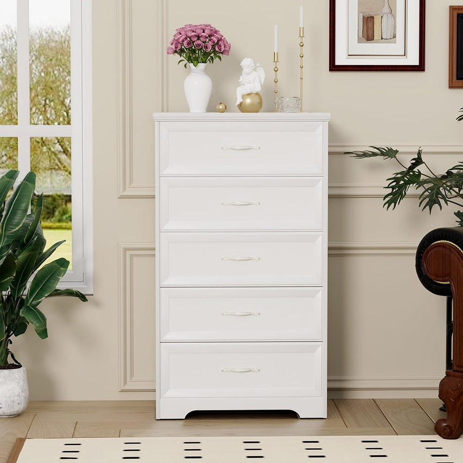 Wood Vertical Chest of Drawers for Bedroom, Modern Tall White 6 Drawer Dresser White Image 1