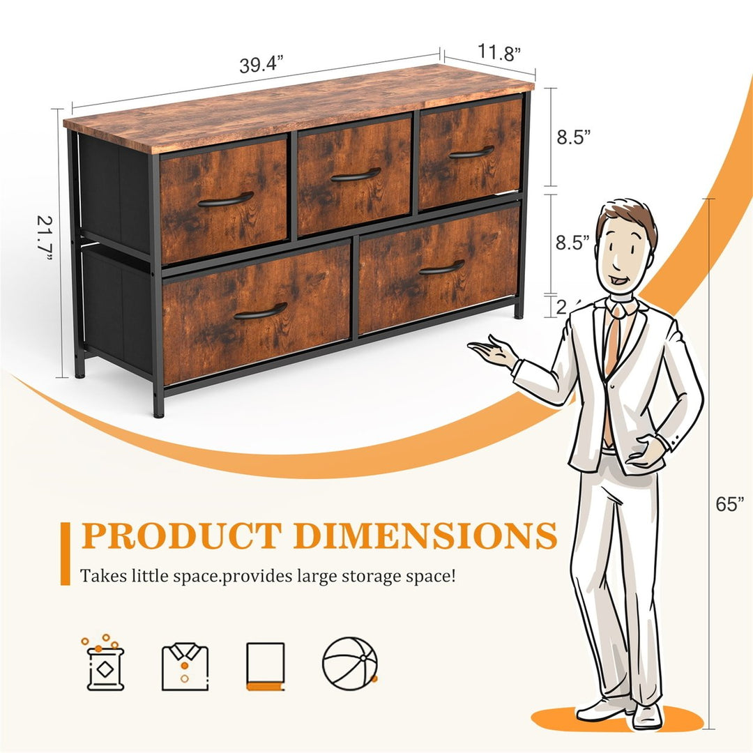 Hommoo 5 Drawer Dresser Fabric Storage Tower, Organizer Unit for Bedroom, Sturdy Steel Frame, Wooden Top Brown Image 6