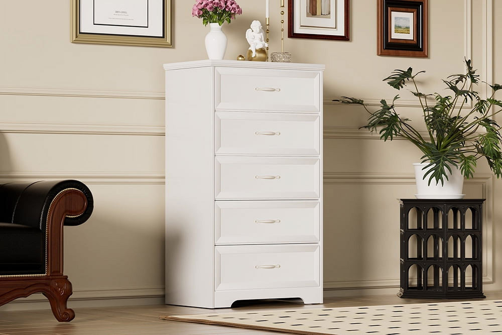 Wood Vertical Chest of Drawers for Bedroom, Modern Tall White 6 Drawer Dresser White Image 2