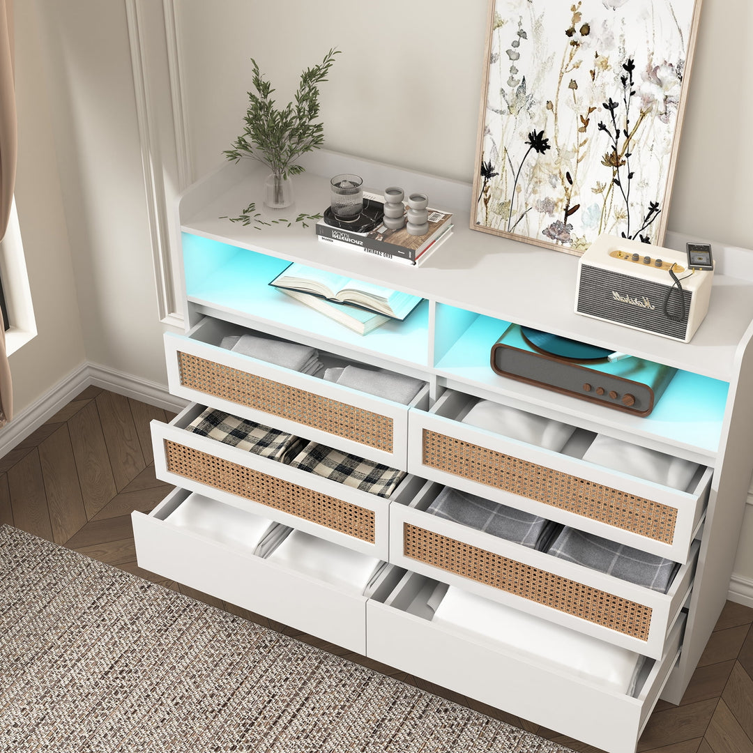 Hommoo Modern Rattan 6 Drawers Dresser with LED Light for Bedroom Organizer, Double Wide Accent Chest of Drawers, White Image 5