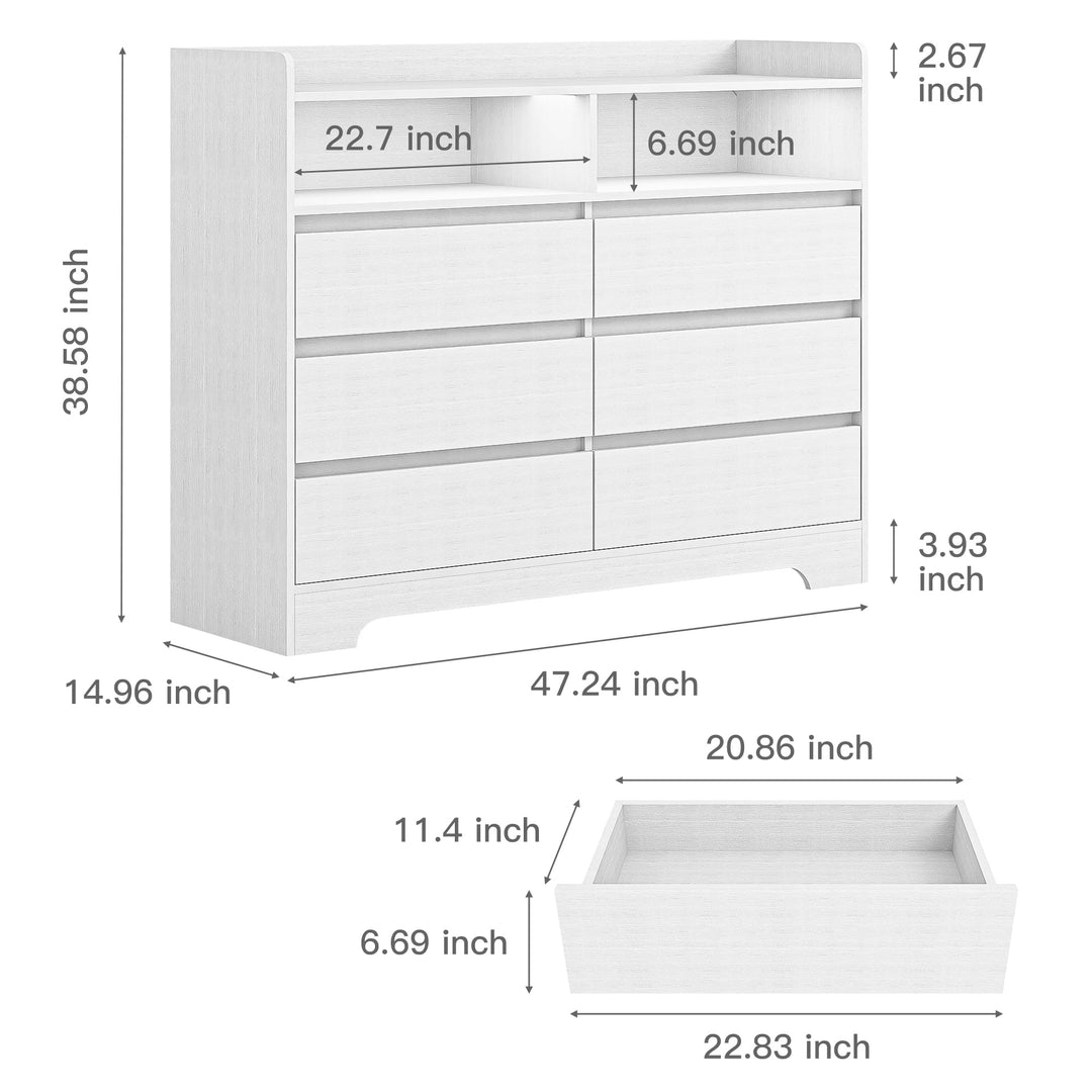 Hommoo 6 Drawer Dresser with LED Light and Open Storage for Bedroom, Modern Wood Chest Organizer, White Image 3