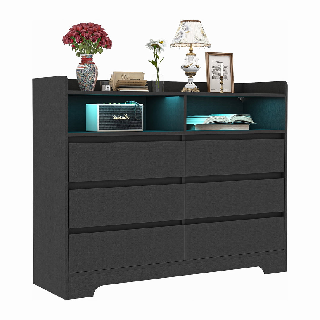 Hommoo 6 Drawer Dresser with LED Light and Open Storage for Bedroom, Modern Wood Chest Organizer, Black Image 1