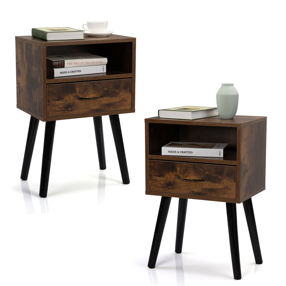 Hommoo Set of 2 Mid Century Nightstand, Side Table with Drawer and Shelf, End Table for Living Room Bedroom, Rustic Image 2