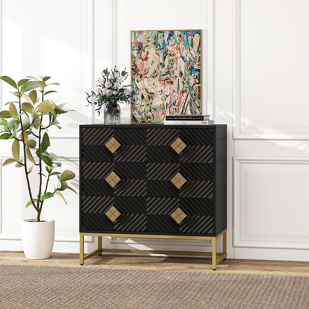 3 Drawer Modern Dresser With Decorative Embossed Pattern Drawer for Bedroom Black Image 4