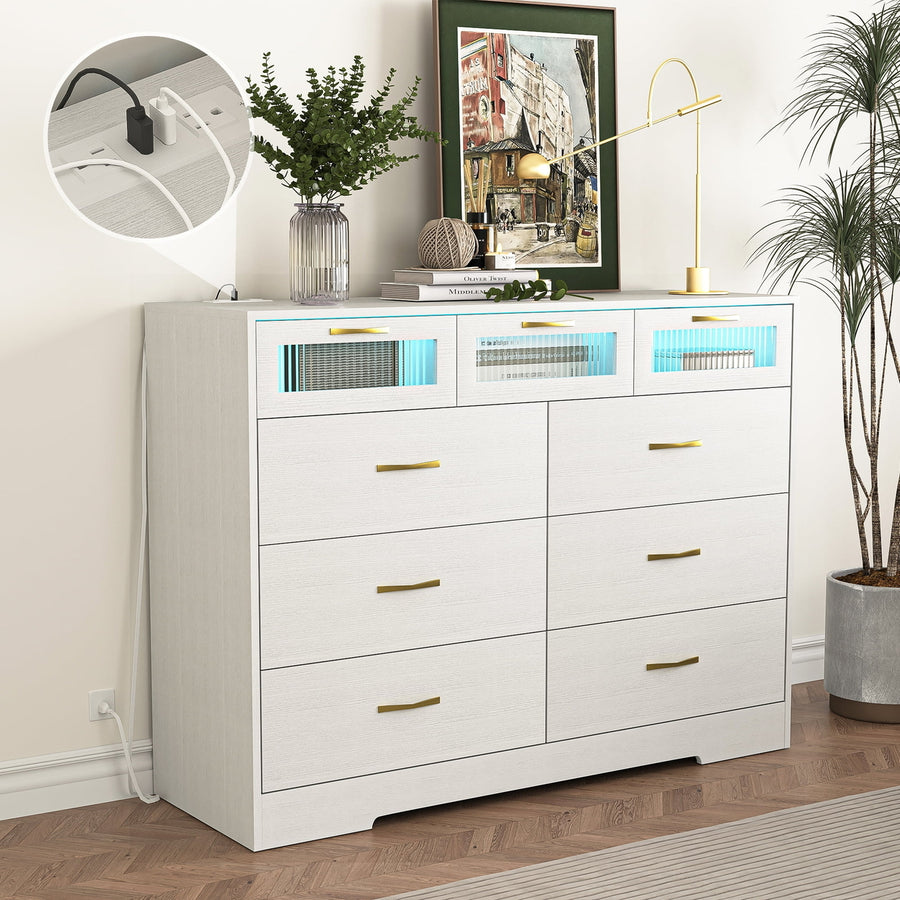 Hommoo Modern 9 Drawer Double Dresser for Bedroom with Power Outlet, RGB LED Light and APP Control, White Image 1