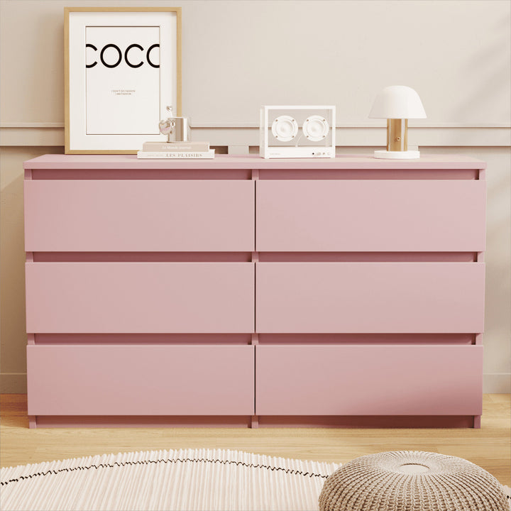 Hommoo Mid Century Modern 6 Drawer Dresser for Bedroom with Hidden Handle Pink Image 1