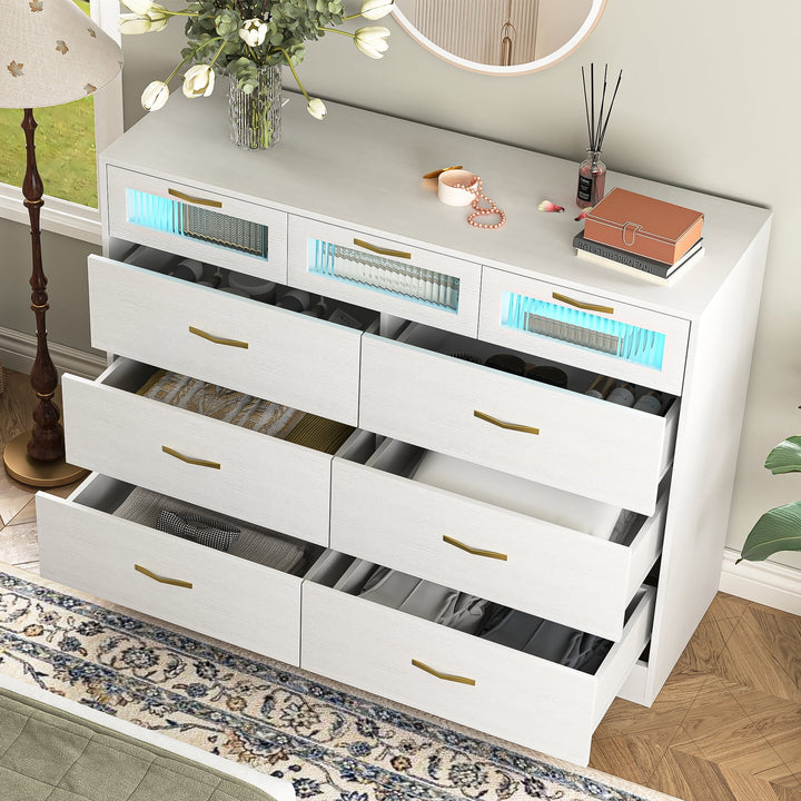 Hommoo Modern 9 Drawer Double Dresser for Bedroom with Power Outlet, RGB LED Light and APP Control, White Image 2