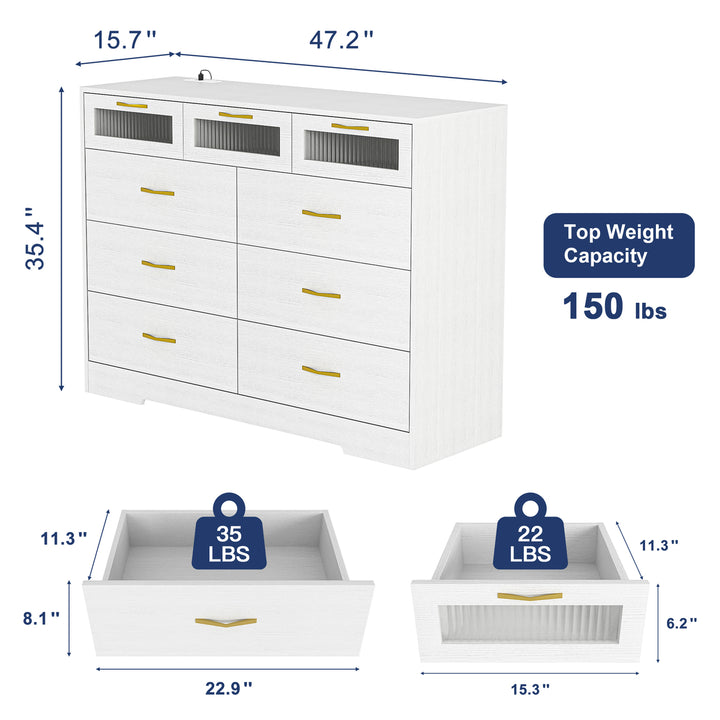 Hommoo Modern 9 Drawer Double Dresser for Bedroom with Power Outlet, RGB LED Light and APP Control, White Image 3