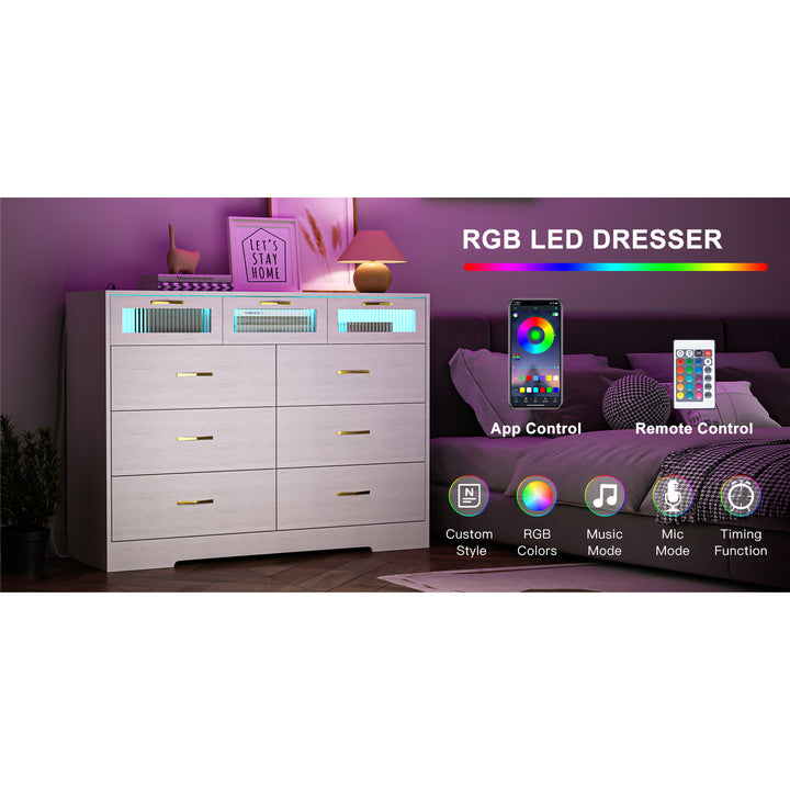 Hommoo Modern 9 Drawer Double Dresser for Bedroom with Power Outlet, RGB LED Light and APP Control, White Image 6