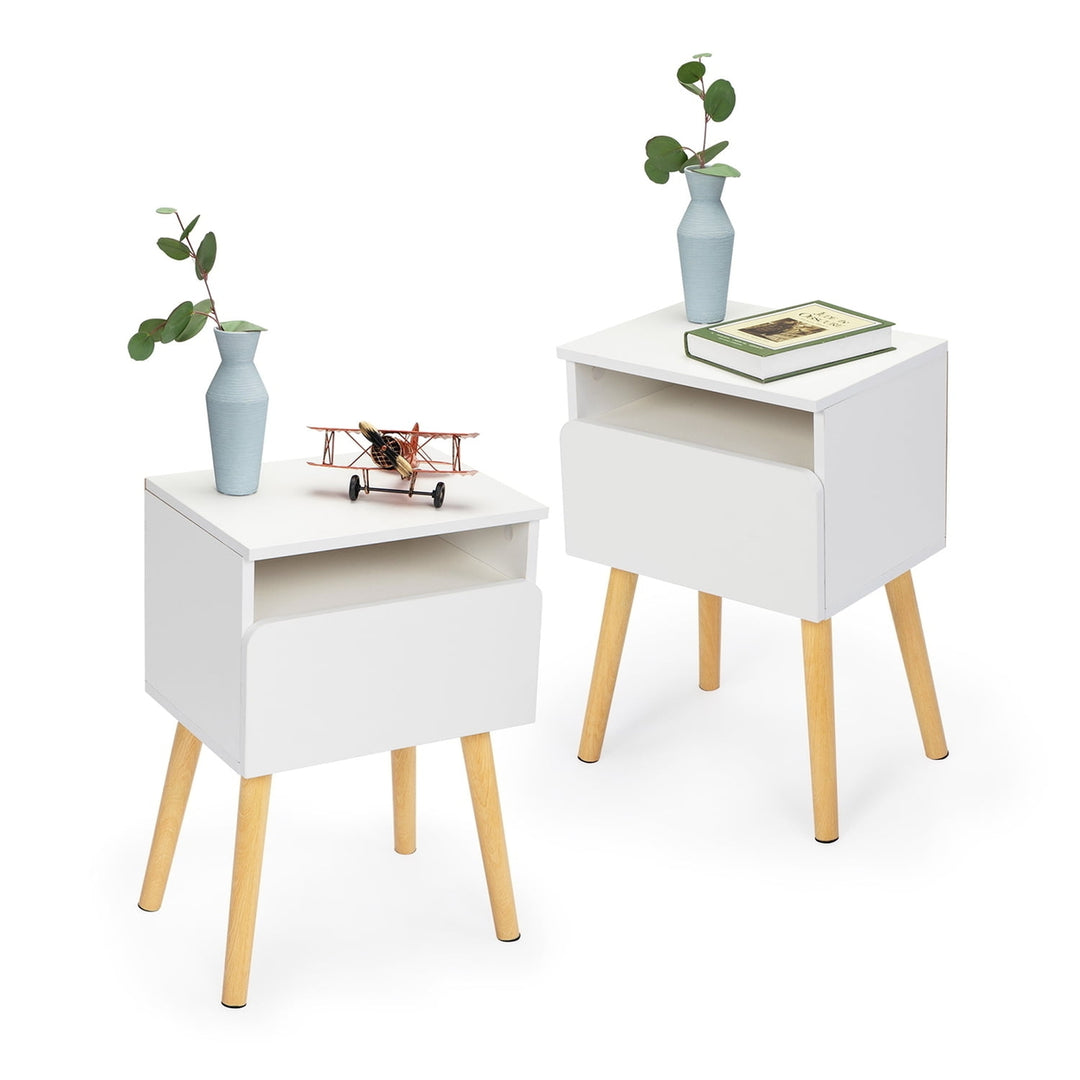 Hommoo Set of 2 Modern Nightstand, Bedroom Endtable with Drawer, Shelf, Bedside Furniture for Living Room, White, Night Image 1