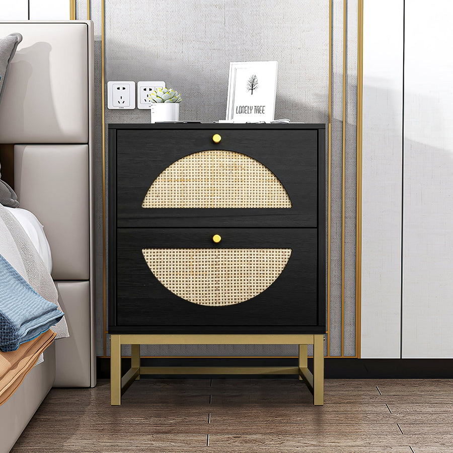 Hommoo Black Nightstand for Bedroom with Drawer, Wood Rattan Bedside Table Living Room Side Table Image 1