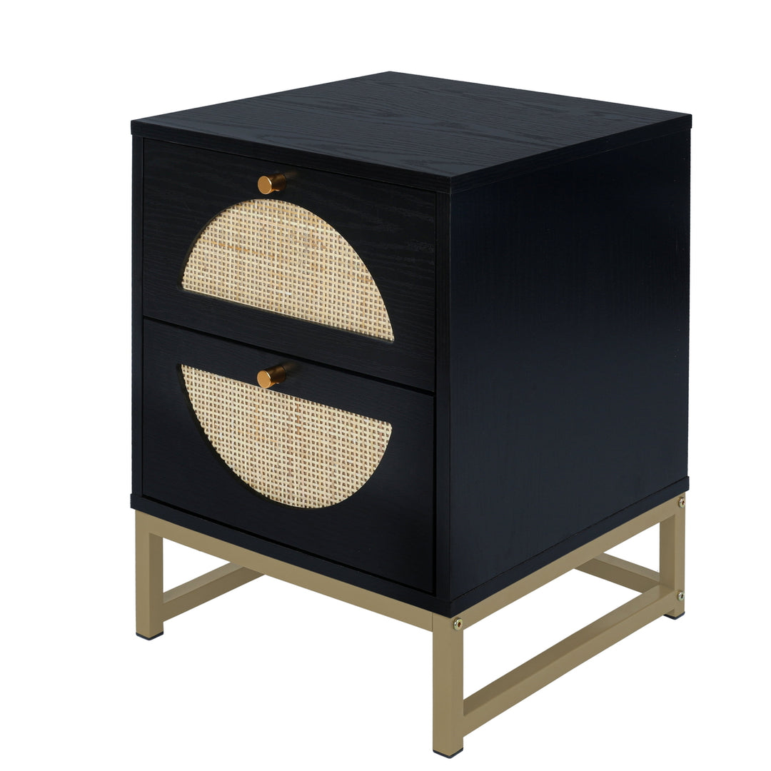 Hommoo Black Nightstand for Bedroom with Drawer, Wood Rattan Bedside Table Living Room Side Table Image 3