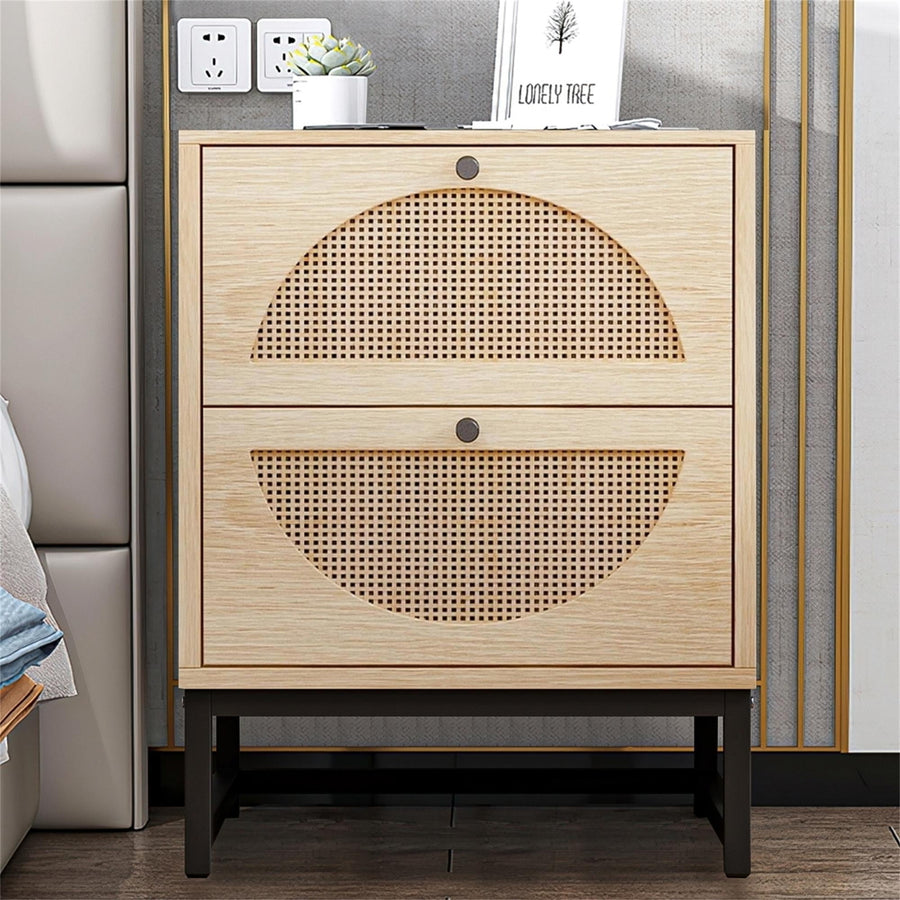 Hommoo Natural Nightstand for Bedroom with Drawer, Wood Rattan Bedside Table Living Room Side Table Image 1