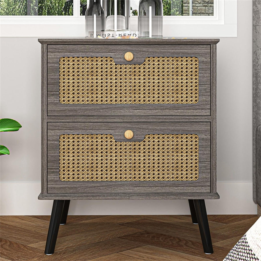 Hommoo Bedroom Nightstands with PE Rattan Decor Drawer, Wood Finish Matte Accents End Table with Storage, Gray Image 1