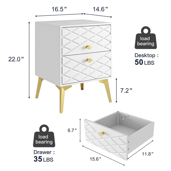 Hommoo Wooden Set of 2 Night Stands for Bedroom, Modern Drawer Chest with Metal Frame, White Image 3