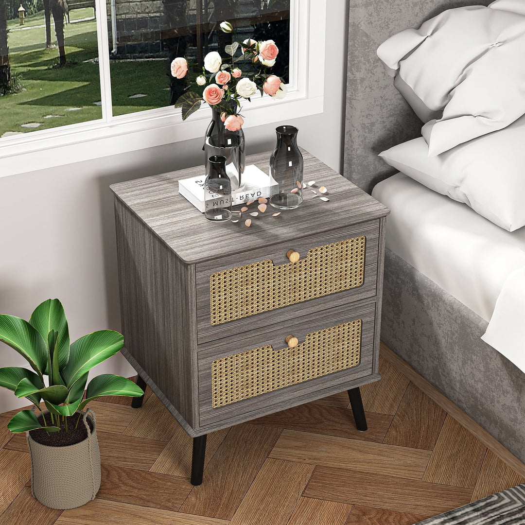 Hommoo Bedroom Nightstands with PE Rattan Decor Drawer, Wood Finish Matte Accents End Table with Storage, Gray Image 2