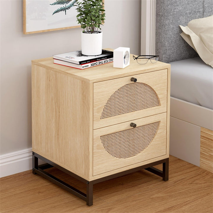 Hommoo Natural Nightstand for Bedroom with Drawer, Wood Rattan Bedside Table Living Room Side Table Image 5