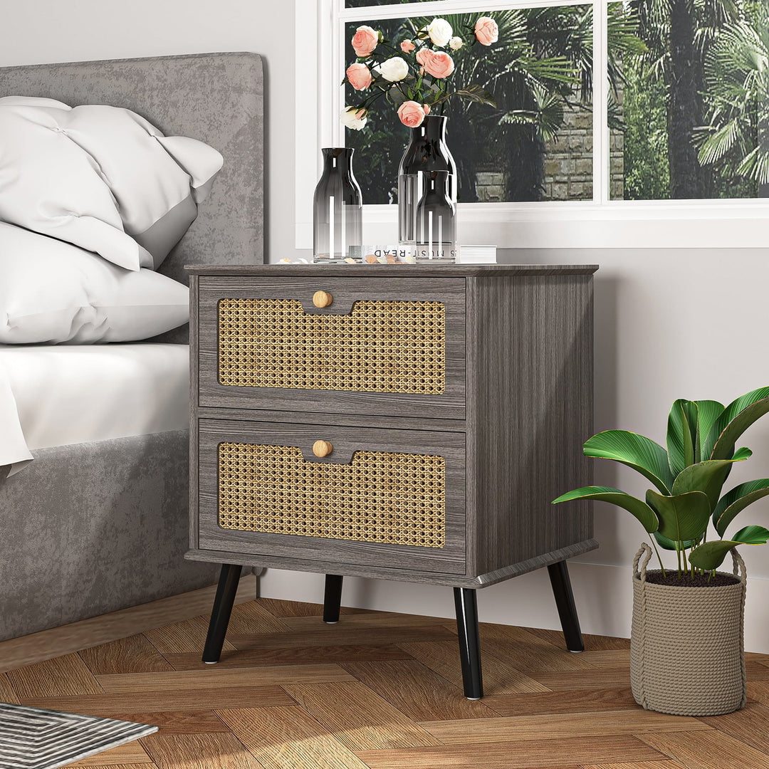 Hommoo Bedroom Nightstands with PE Rattan Decor Drawer, Wood Finish Matte Accents End Table with Storage, Gray Image 5