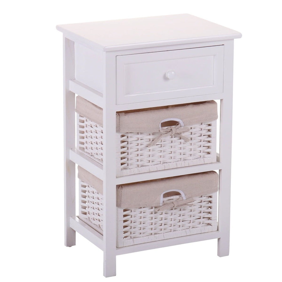 Hommoo Nightstand End Side Table, 3 Tiers 1 Drawer, Bedroom Home Storage Furniture w/ 2 Wicker Basket - White Image 1