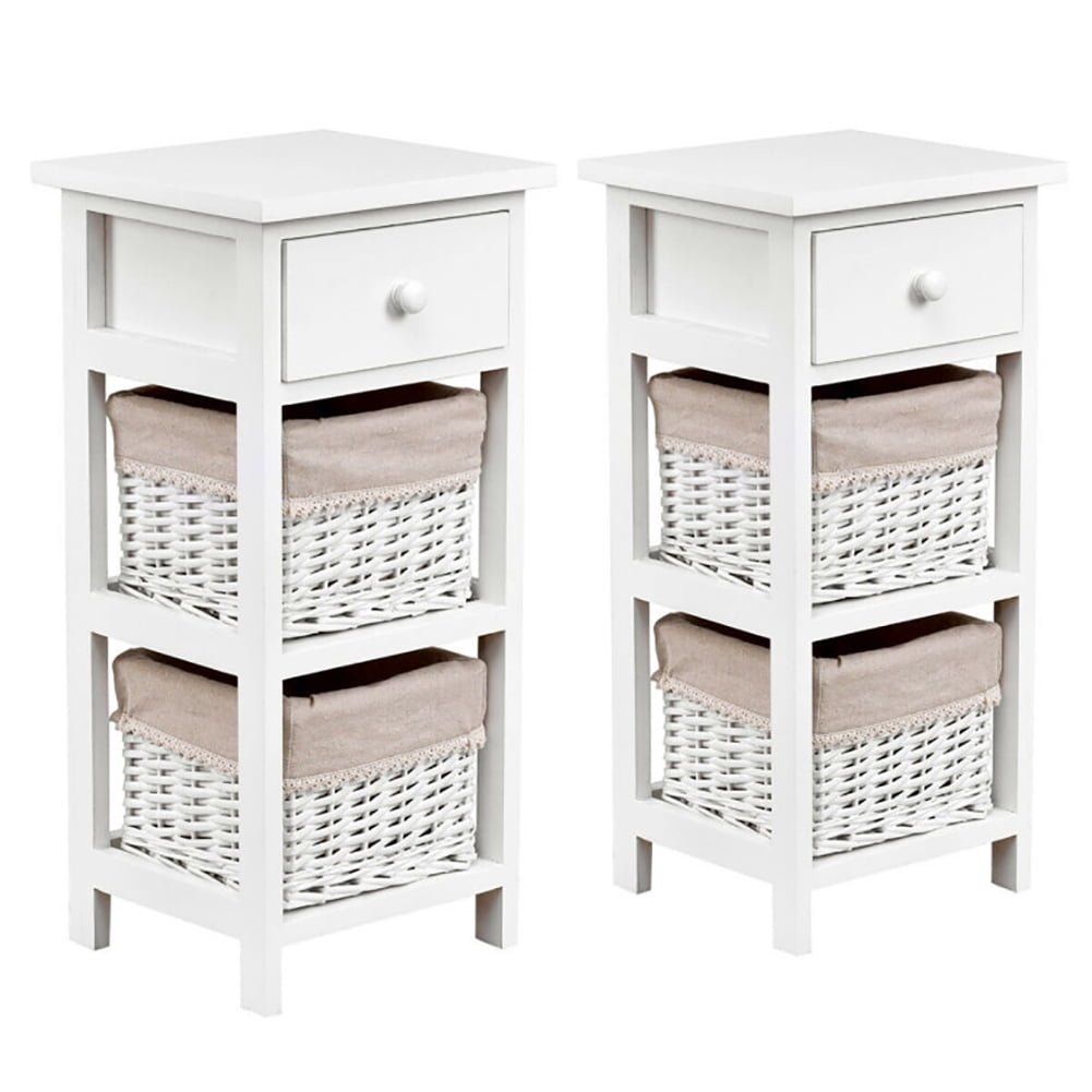 Hommoo Bedside End Table Set of 2, Nightstand with Drawer Baskets, Drawer Shelf for Bedroom, Living Room, White Image 1