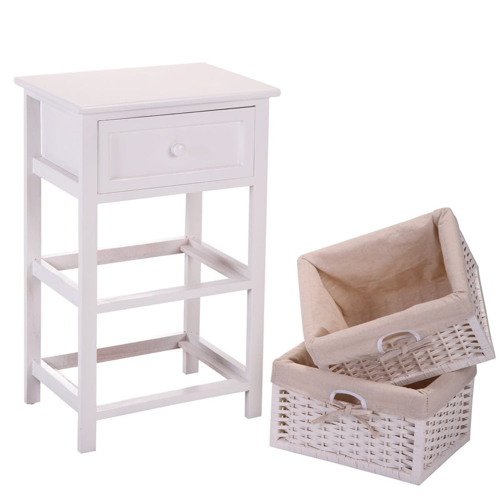 Hommoo Nightstand End Side Table, 3 Tiers 1 Drawer, Bedroom Home Storage Furniture w/ 2 Wicker Basket - White Image 2