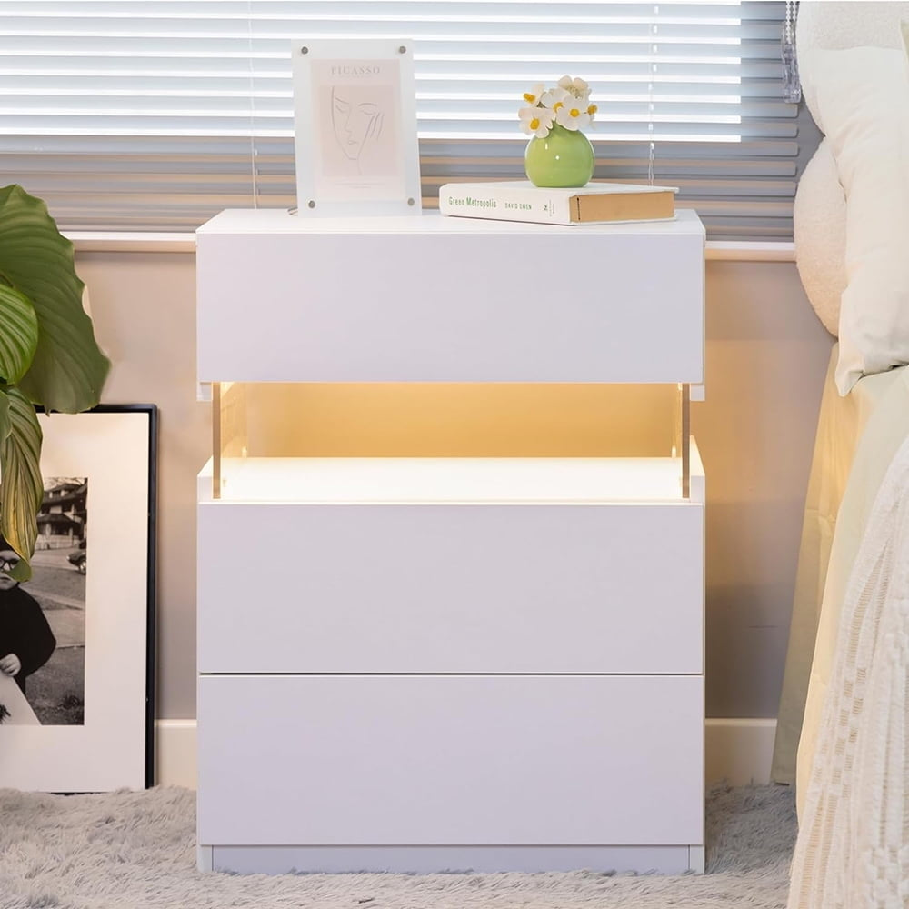 Hommoo White LED Nightstand, 3 Drawer, Acrylic Panel, Multi-color RGB Light, Bedroom Furniture, 14.57"L x 19.67"W x Image 1