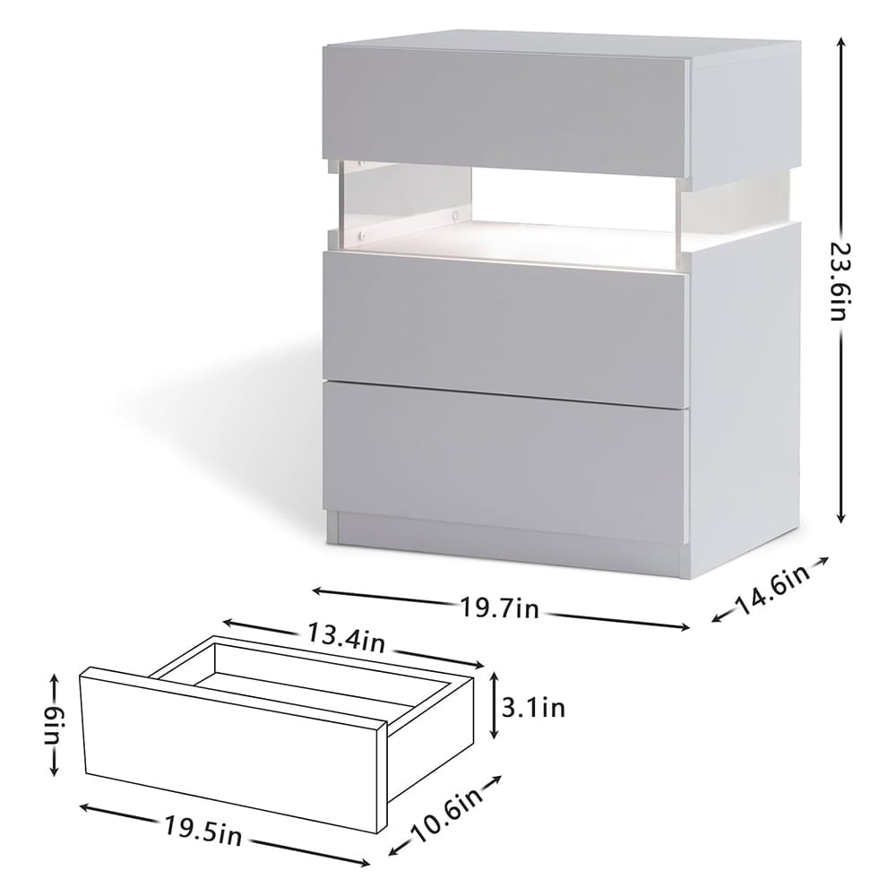 Hommoo White LED Nightstand, 3 Drawer, Acrylic Panel, Multi-color RGB Light, Bedroom Furniture, 14.57"L x 19.67"W x Image 2