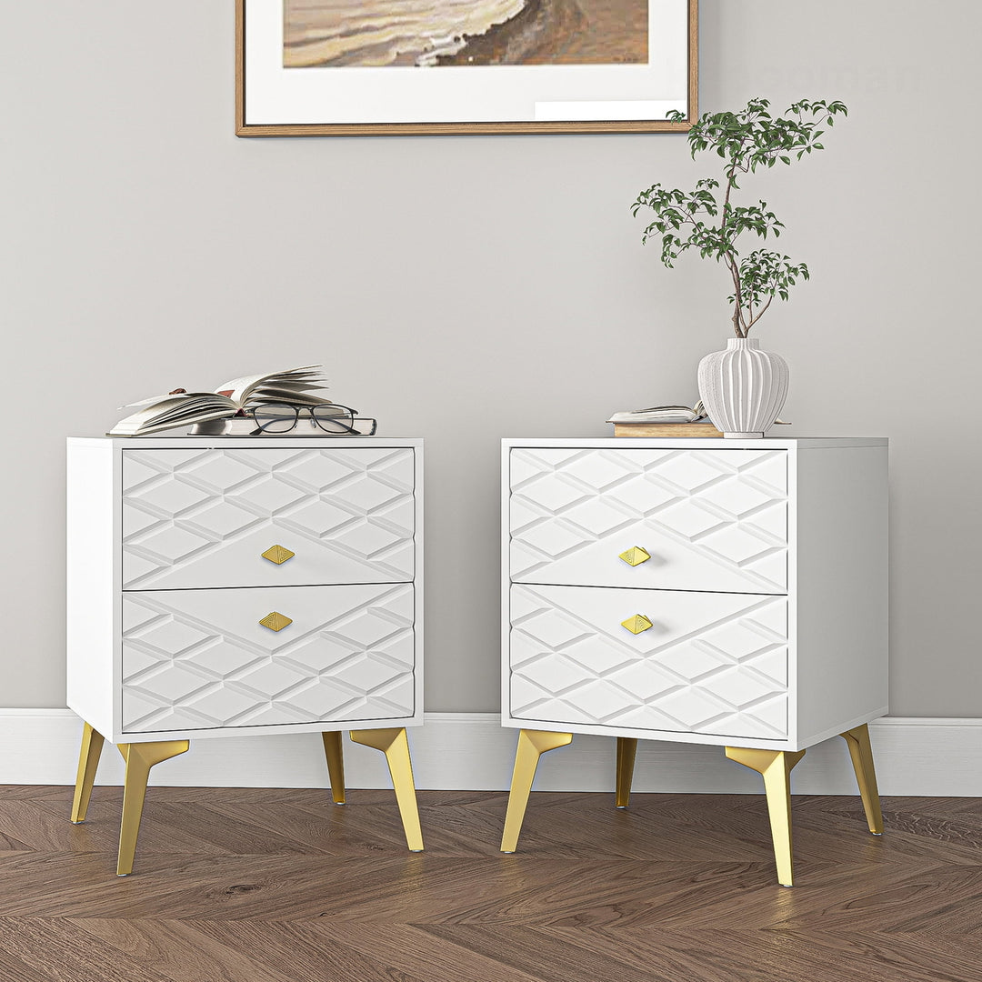 Hommoo 2-Drawer Wood Rectangle Nightstand Set of 2 Side Table Living Room Small End Accent Table, 22" Tall, White Image 6