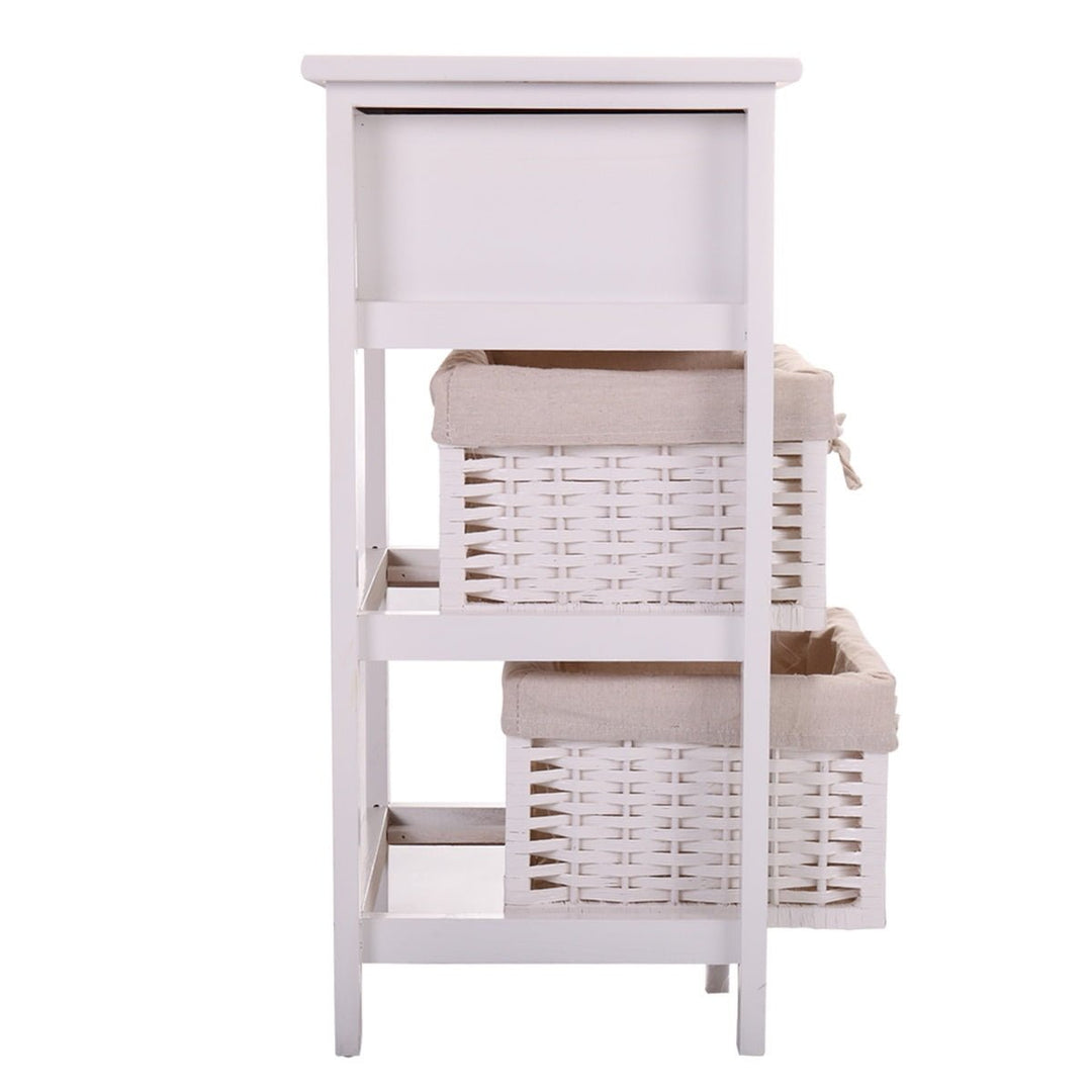 Hommoo Nightstand End Side Table, 3 Tiers 1 Drawer, Bedroom Home Storage Furniture w/ 2 Wicker Basket - White Image 4