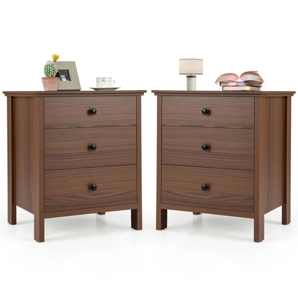 Hommoo Night Stand, Nightstand,Modern End table,Set of 2 3-Drawer Nightstand with Wooden Finish for Bedroom-Brown Image 1