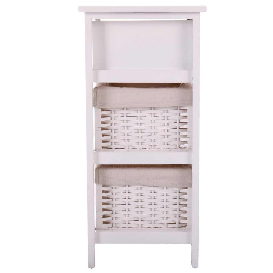 Hommoo Nightstand End Side Table, 3 Tiers 1 Drawer, Bedroom Home Storage Furniture w/ 2 Wicker Basket - White Image 6