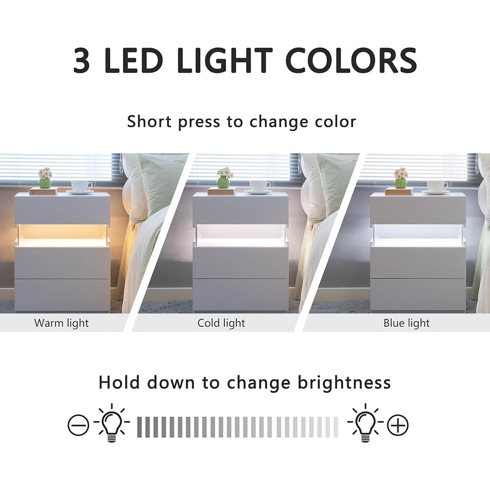 Hommoo White LED Nightstand, 3 Drawer, Acrylic Panel, Multi-color RGB Light, Bedroom Furniture, 14.57"L x 19.67"W x Image 3