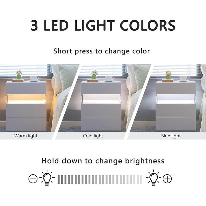 Hommoo White LED Nightstand, 3 Drawer, Acrylic Panel, Multi-color RGB Light, Bedroom Furniture, 14.57"L x 19.67"W x Image 3