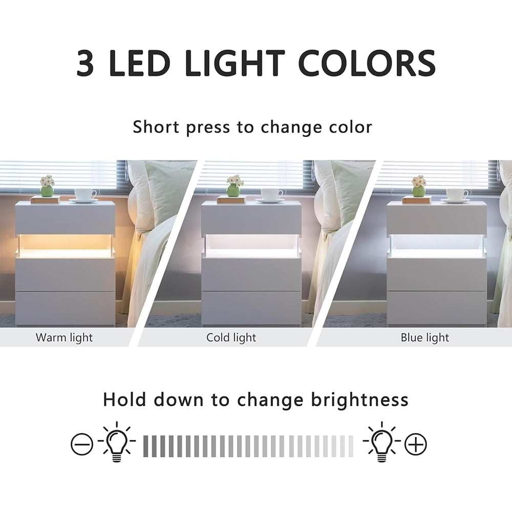 Hommoo White LED Nightstand, 3 Drawer, Acrylic Panel, Multi-color RGB Light, Bedroom Furniture, 14.57"L x 19.67"W x Image 4