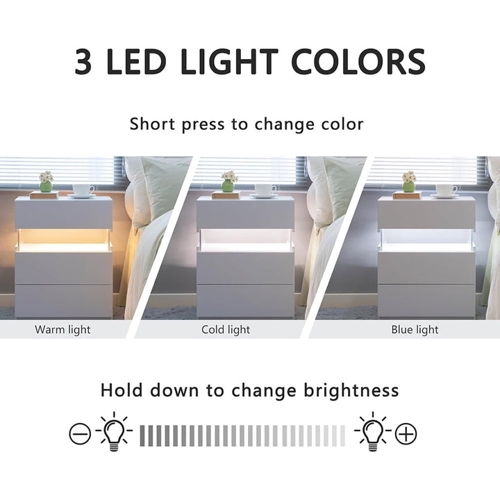 Hommoo White LED Nightstand, 3 Drawer, Acrylic Panel, Multi-color RGB Light, Bedroom Furniture, 14.57"L x 19.67"W x Image 4