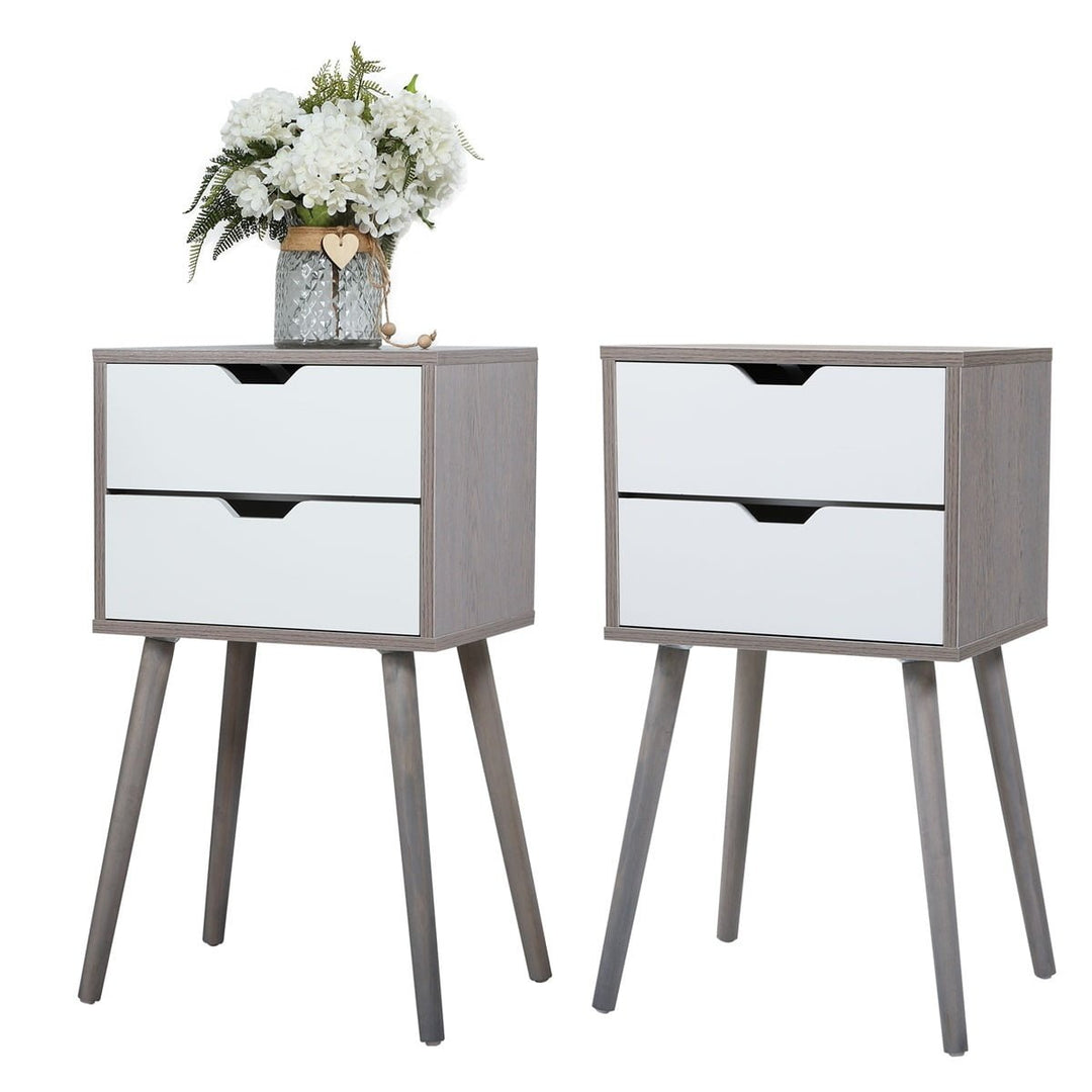 Hommoo Nightstands Set of 2, End Table with 2 Drawers and Solid Wood Legs - Gray + White Image 1