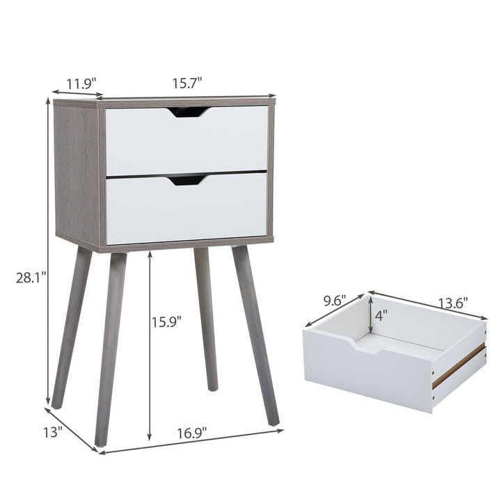 Hommoo Nightstands Set of 2, End Table with 2 Drawers and Solid Wood Legs - Gray + White Image 3