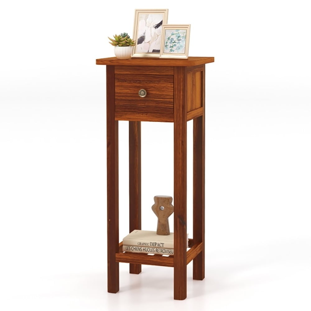 Hommoo Nightstand,Coffee Side Table,2 Tier Slim Nightstand Bedside Table with Drawer Shelf-Brown Image 2