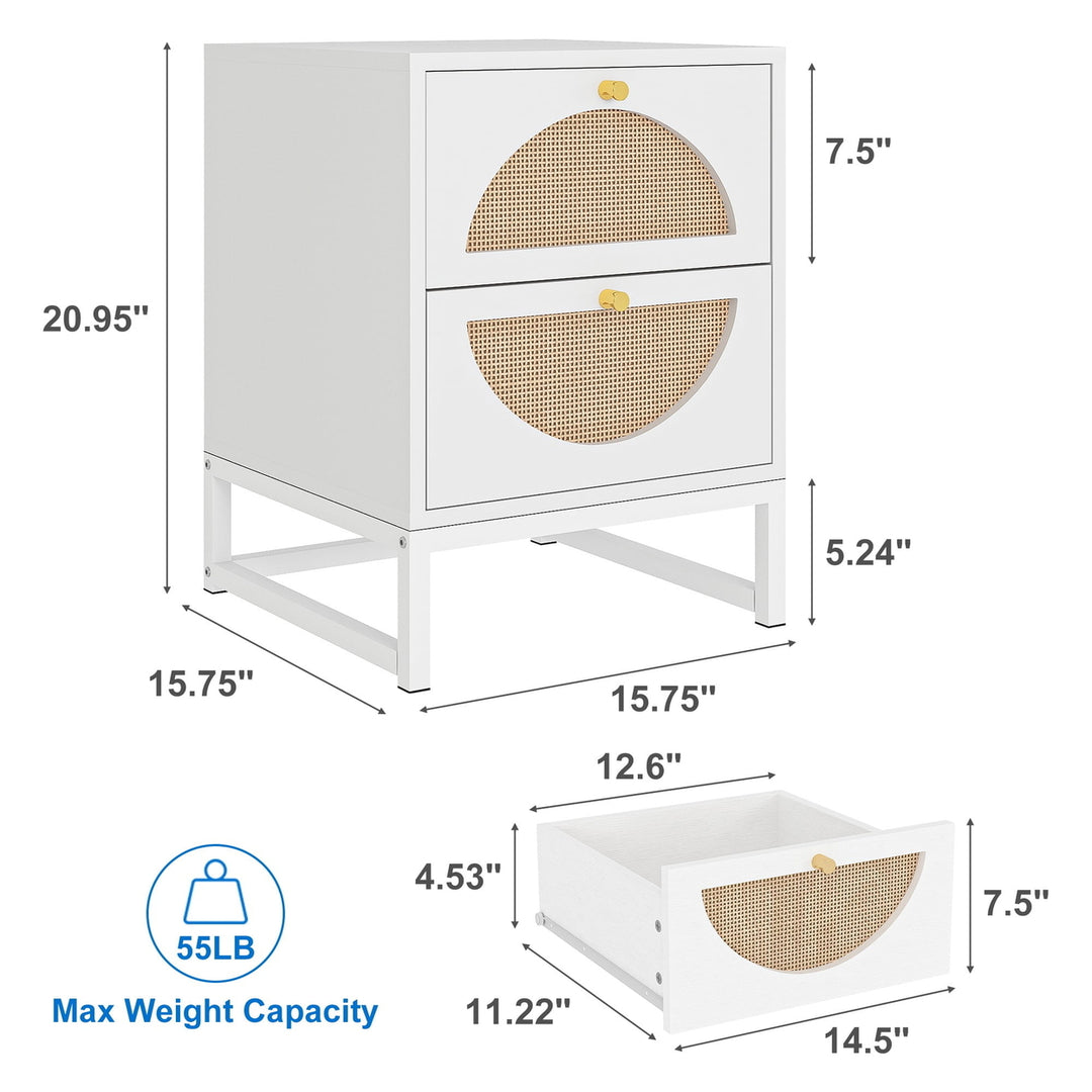 Hommoo White Nightstand Set of 2 for Bedroom, Wood Rattan Bedside Table Living Room End Table Image 2