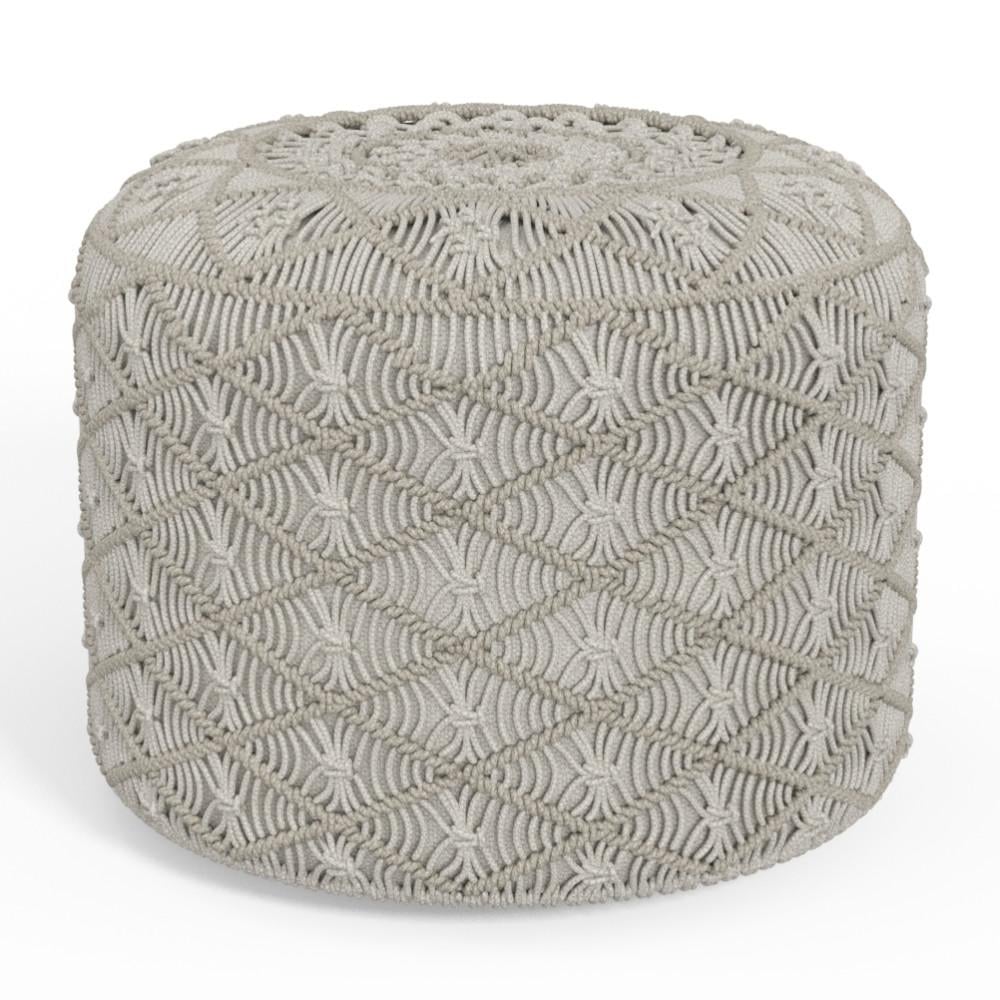 Coates Round Macrame Pouf 18 inch Handwoven Accent Footstool Soft Beige Color Image 1