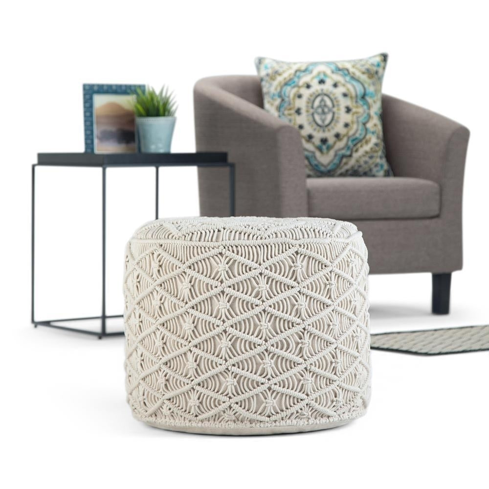 Coates Round Macrame Pouf 18 inch Handwoven Accent Footstool Soft Beige Color Image 3