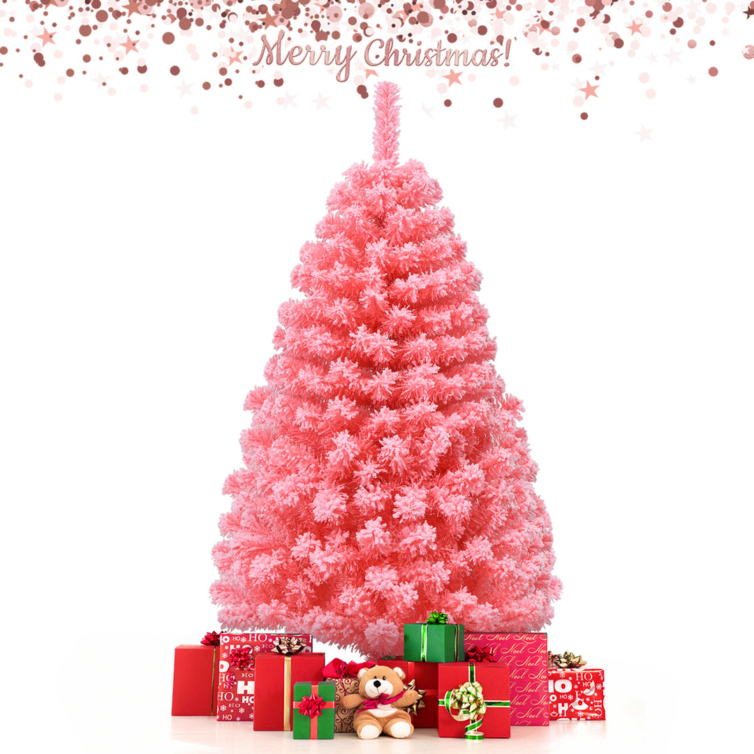 4.5/6.5/7.5 FT Artificial Snow Flocked Pink Christmas Tree Unlit Xmas PVC Tree Image 5