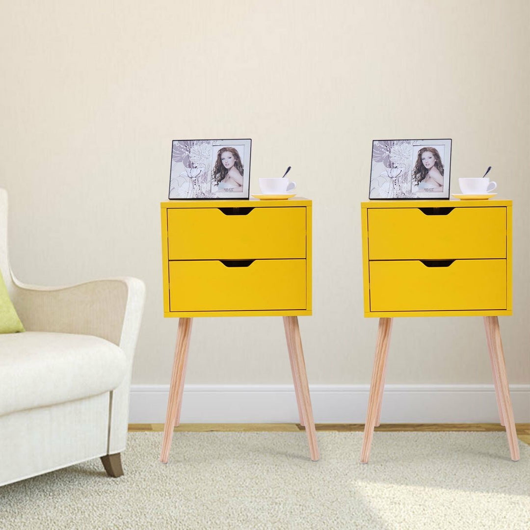 Hommoo Night Stand Set of 2, End Table with 2 Bin Drawer, Modern Design Wood Leg Storage Cabinet for Bedroom, Living Image 3